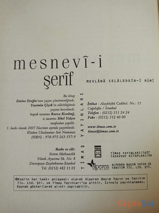 MESNEVİ-İ ŞERİF - TAM METİN, BEZ CİLTLİ, ŞÖMİZLİ 1. BASKI. - İstanbul Beşiktaş